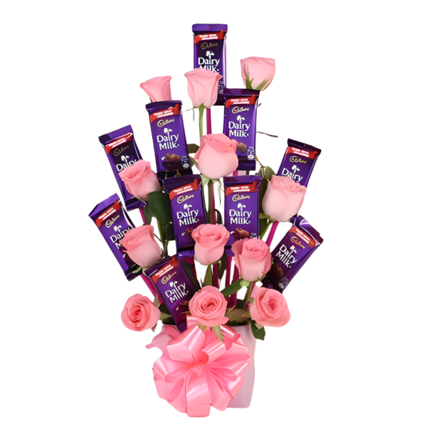 Yasvi Pink Flowers With Cadbury Dairy Milk Chocolates in a Glass Vase