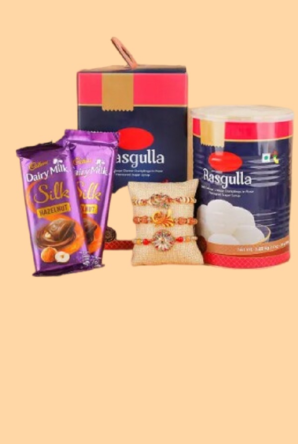 Yasvi Sweet Affection Rakhi Hamper – 3 Rakhis, 2 Silk & 1kg Rasgulla